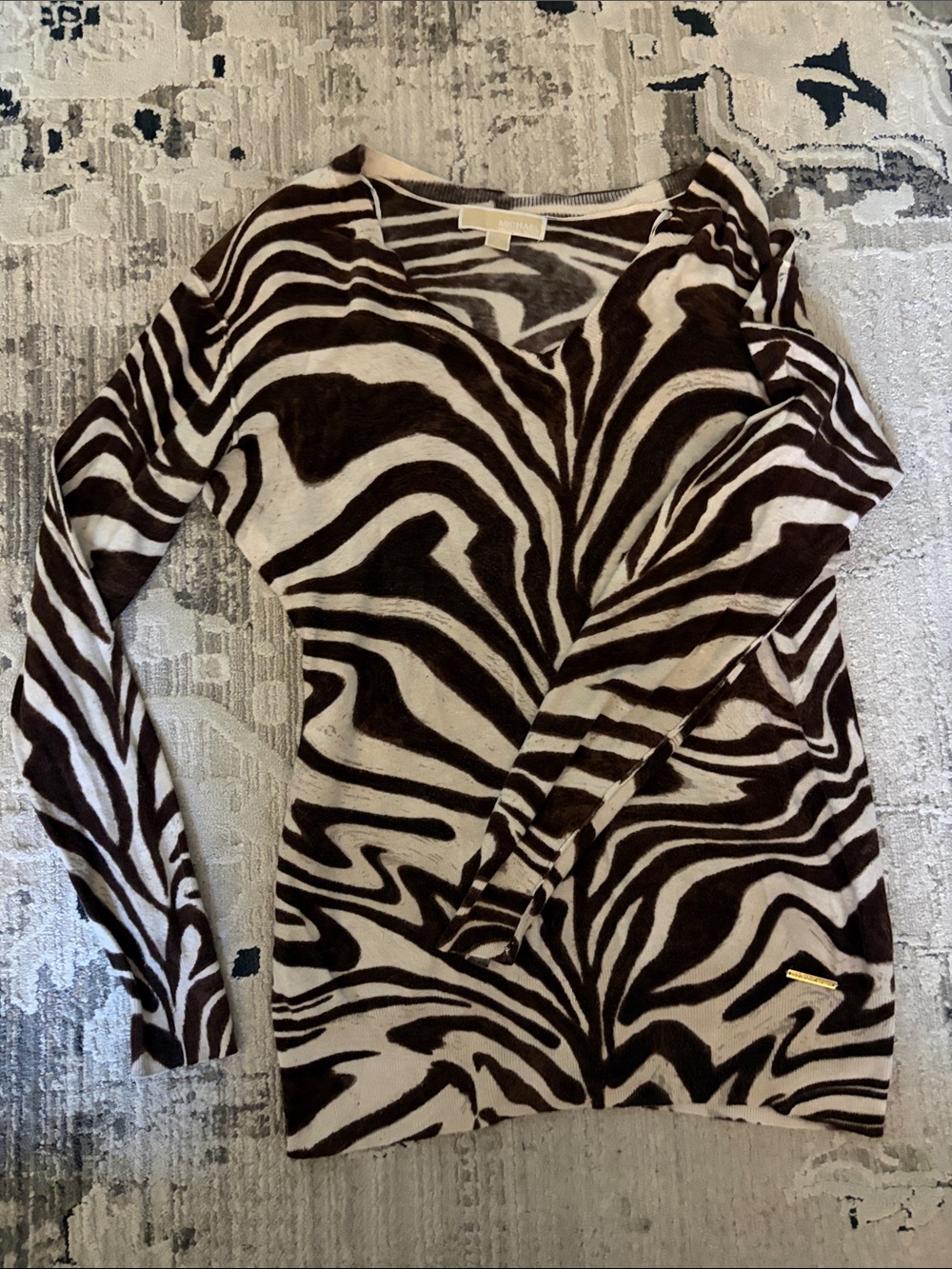 MICHAEL Michael Kors Brown and Cream Zebra-Print V-Neck Long Sleeve Top